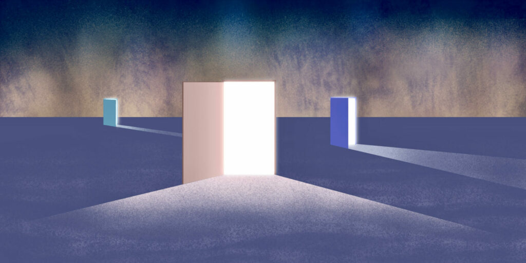 3 doors opening in a abstract landscape with light flowing out