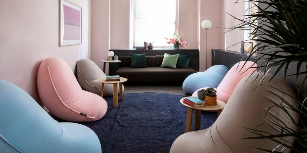 group therapy room with moon pods at Nushama Psychedelic Wellness Center in midtown Manhattan
