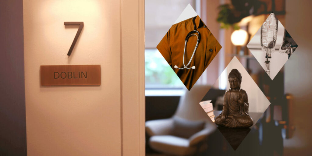 graphic showing elements that into account when choosing a ketamine clinic - stethoscope, IV, environment